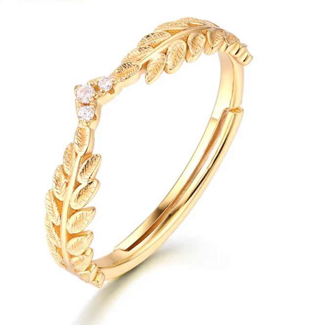 S925 Sterling Silver Gold-Plated Olive Branch Zircon Ring