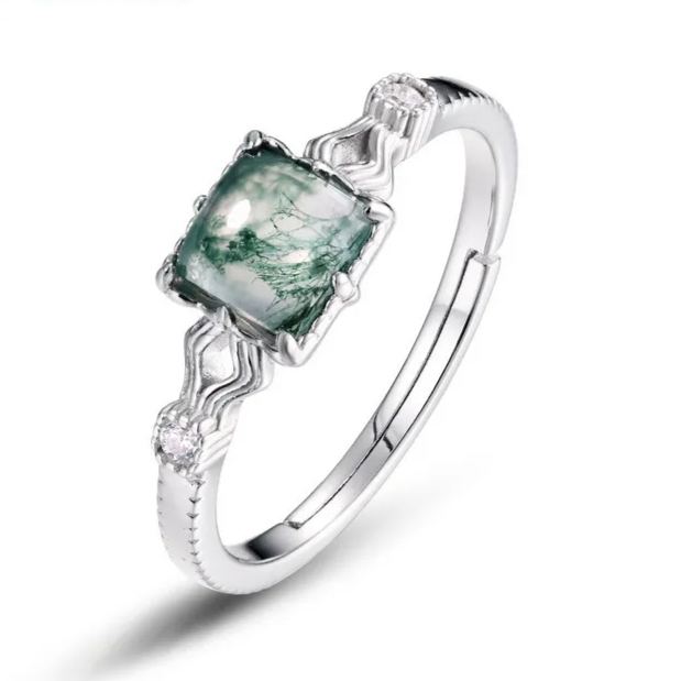 S925 Sterling Silver Sugar Cube Green Moss Ring