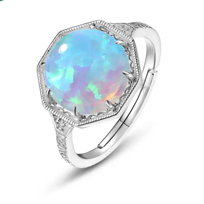S925 Sterling Silver Hexagonal Opal Buckle Ring