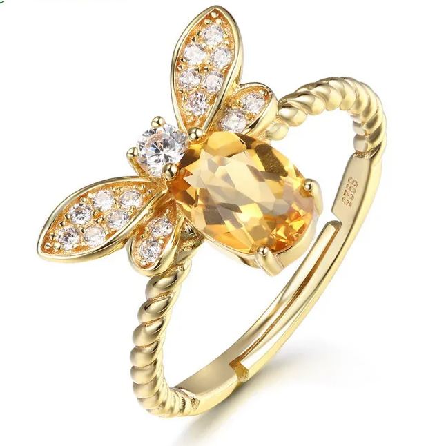 S925 Sterling Silver Plated with Golden Crystal Bee Ring