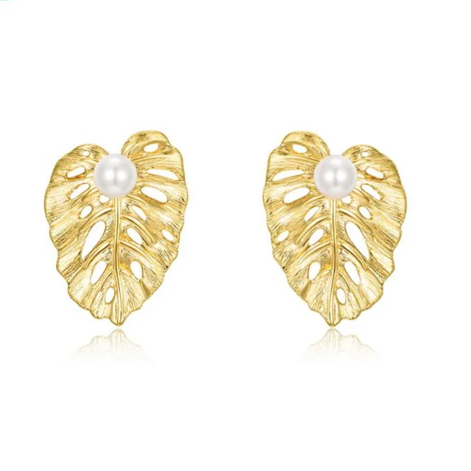 S925 Sterling Silver Gold-Plated Leaf and Pearl Earrings