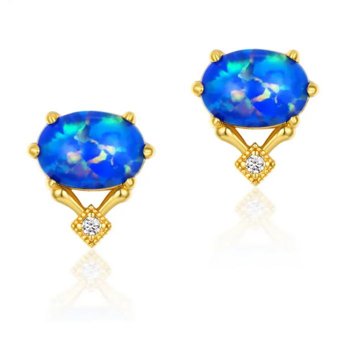 S925 Sterling Silver Gold-Plated Blue Opal Vintage Zircon Earrings