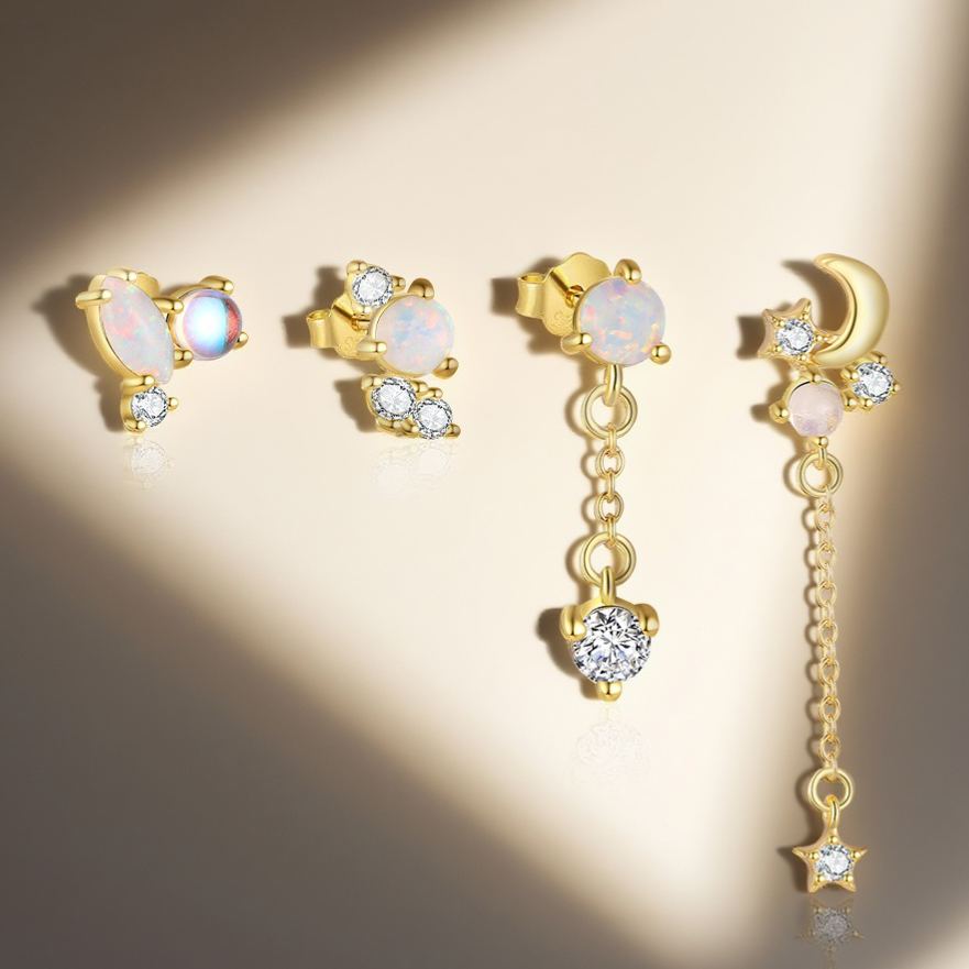 S925 Sterling Silver Opal and Zircon Stud Earrings