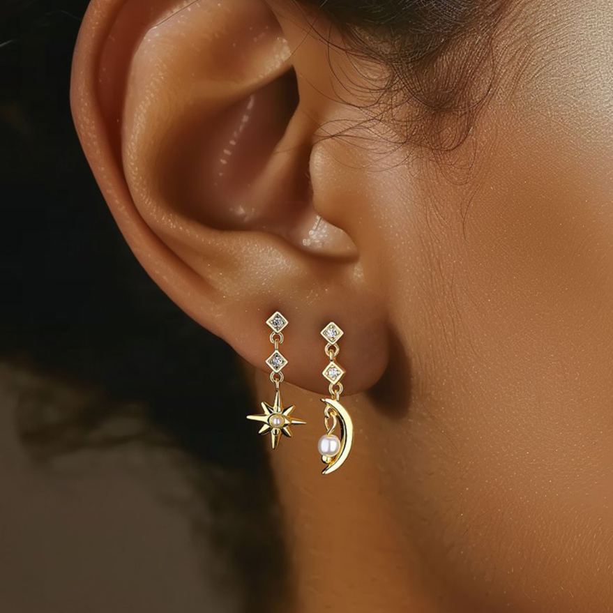S925 Sterling Silver Star and Moon Stud Earrings with Zirconia