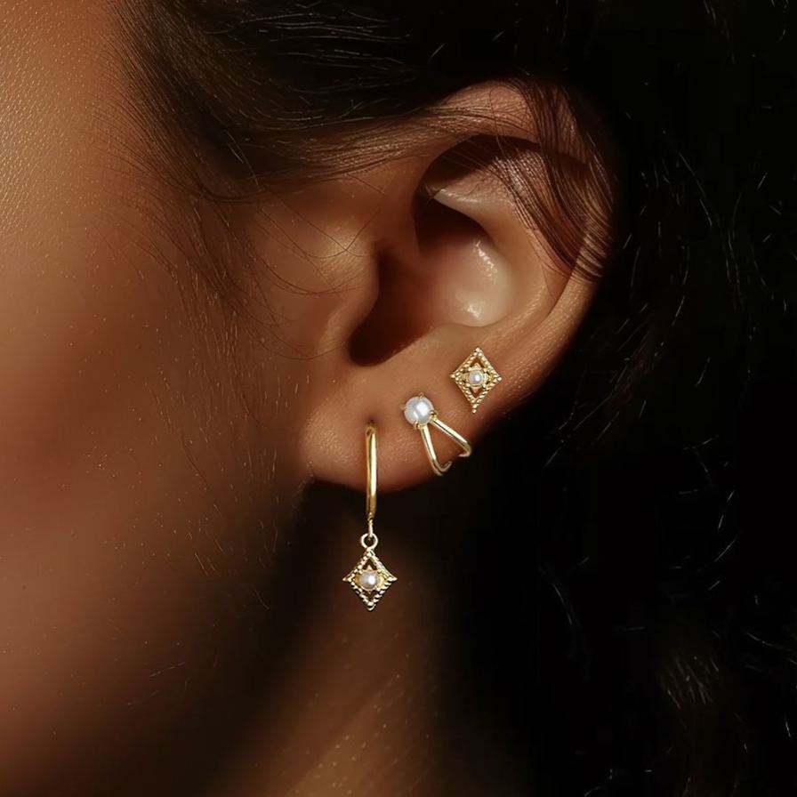 S925 Sterling Silver Geometric Square Pearl Stud Earrings