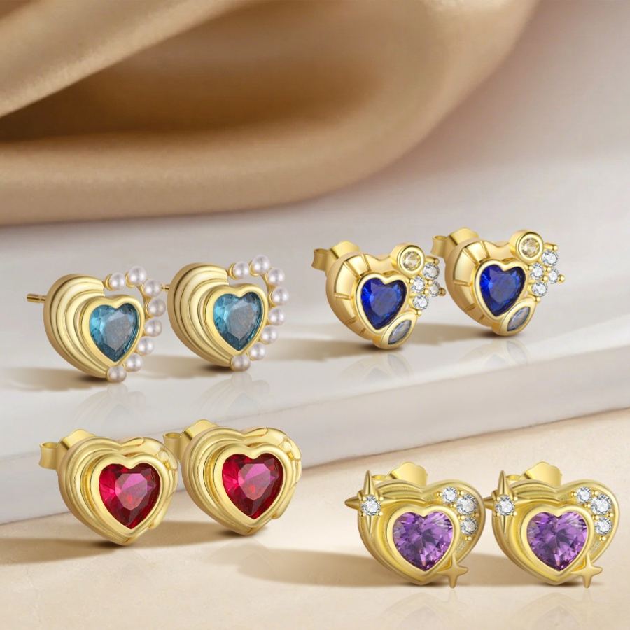 S925 Sterling Silver Heart Stud Earrings with Colorful Cubic Zirconia