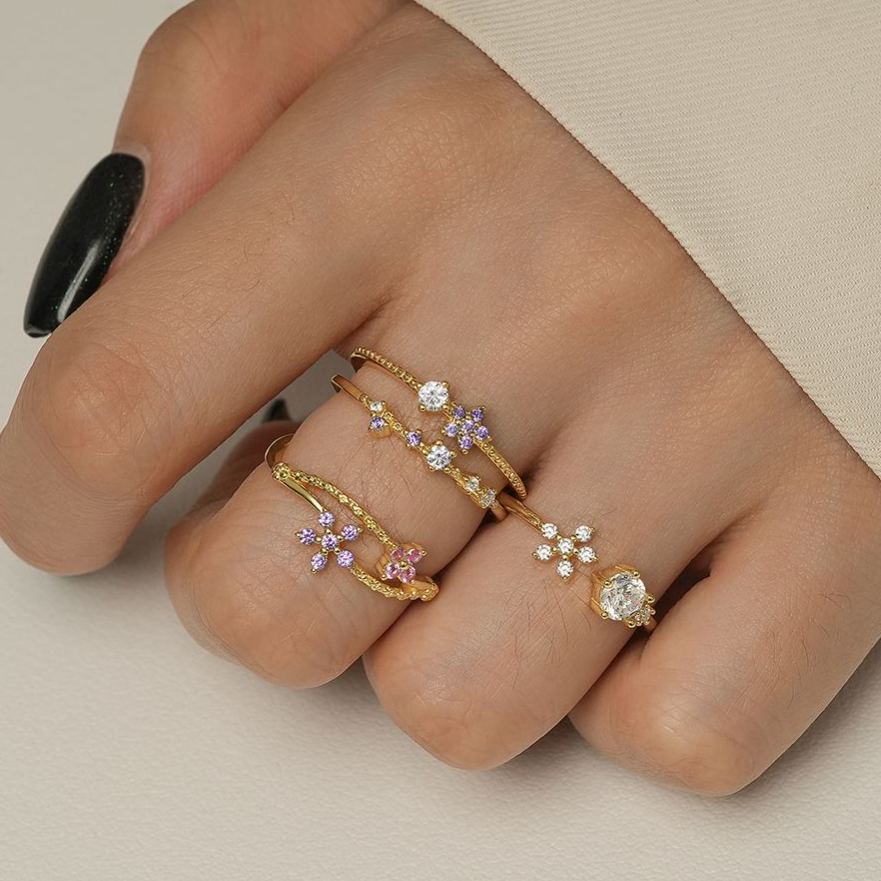 S925 Sterling Silver Flower Ring with Colorful Cubic Zirconia