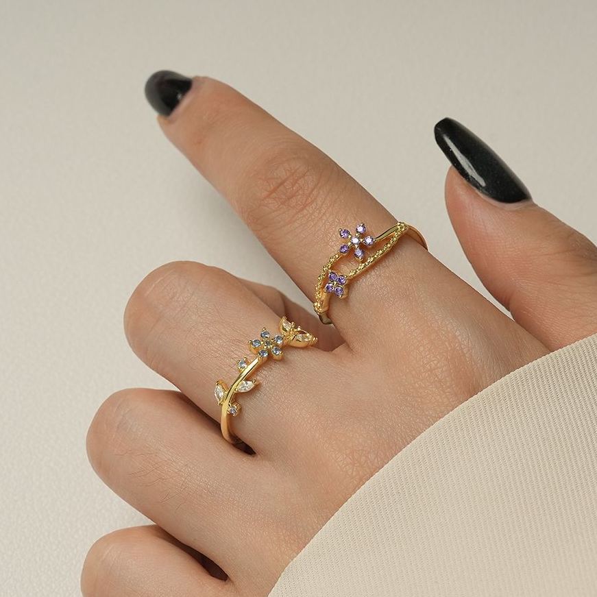 S925 Sterling Silver Flower Ring with Colorful Cubic Zirconia