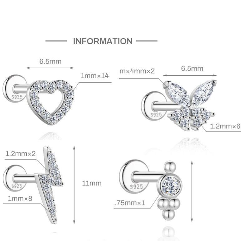 S925 Sterling Silver Moissanite Ear Stud: Starburst, Heart, Pentagram, Butterfly, and Eye Designs