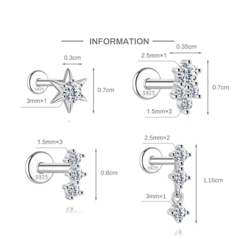 S925 Sterling Silver Moissanite Flat-Back Threaded Cartilage Stud(Single unit)