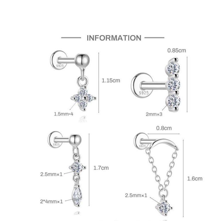 S925 Sterling Silver Moissanite Flat-Back Threaded Piercing Earring