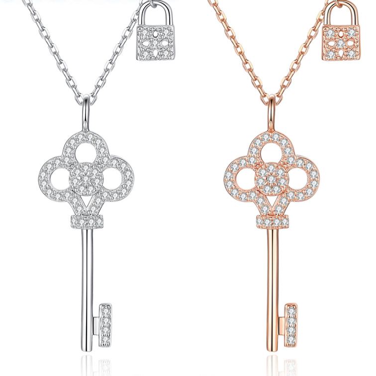 S925 Sterling Silver Key and Lock Moissanite Necklace