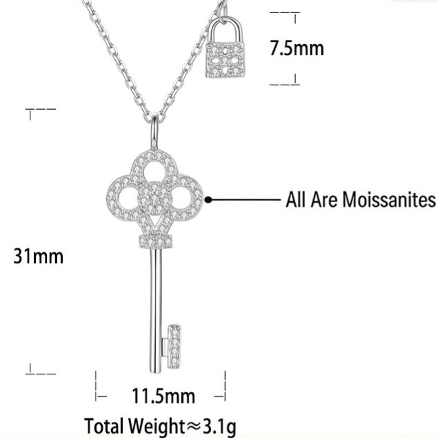 S925 Sterling Silver Key and Lock Moissanite Necklace