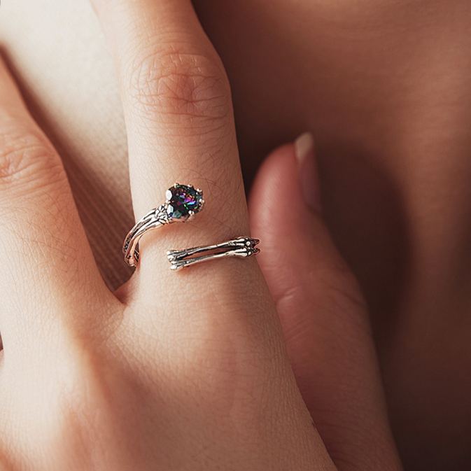 S925 Sterling Silver Halloween Skeleton Hand & Heart Open Ring