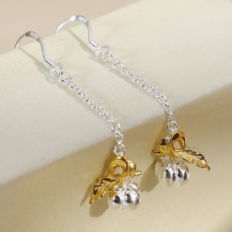 S925 Sterling Silver Two-Tone Halloween Pumpkin Drop Earrings