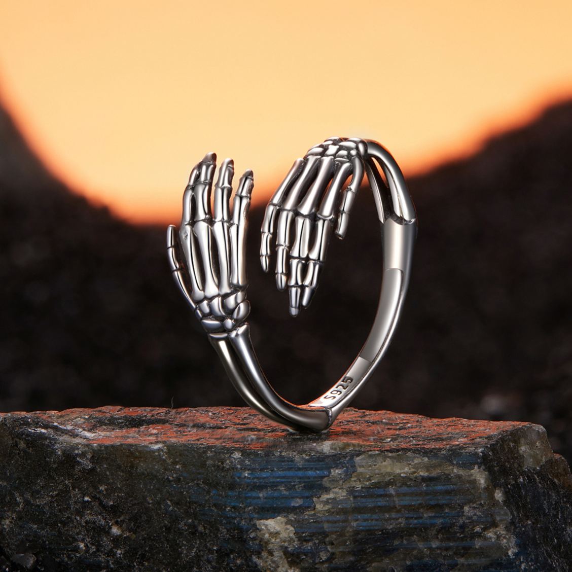 S925 Sterling Silver Halloween Skeleton Hand Open Ring