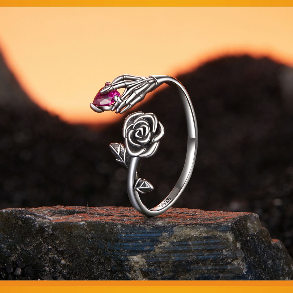 S925 Sterling Silver Halloween Rose & Skull Hand Open Adjustable Ring