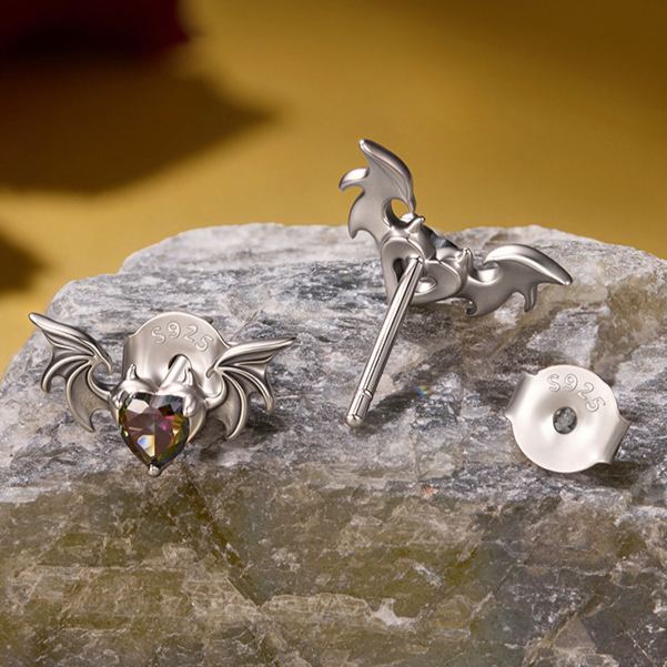 S925 Sterling Silver Halloween Bat Zircon Stud Earrings