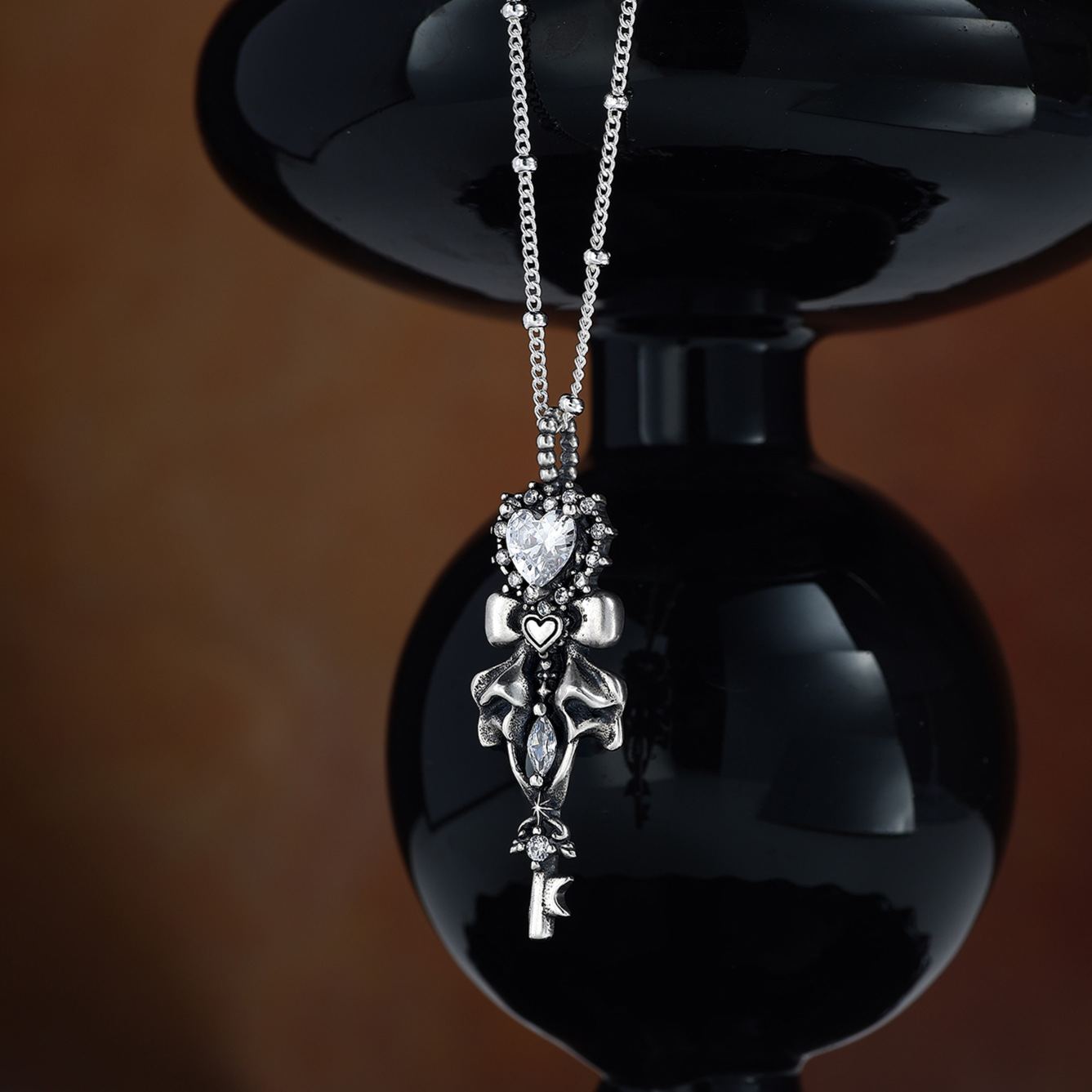 S925 Silver Halloween Heart-Shaped Bow Key Necklace