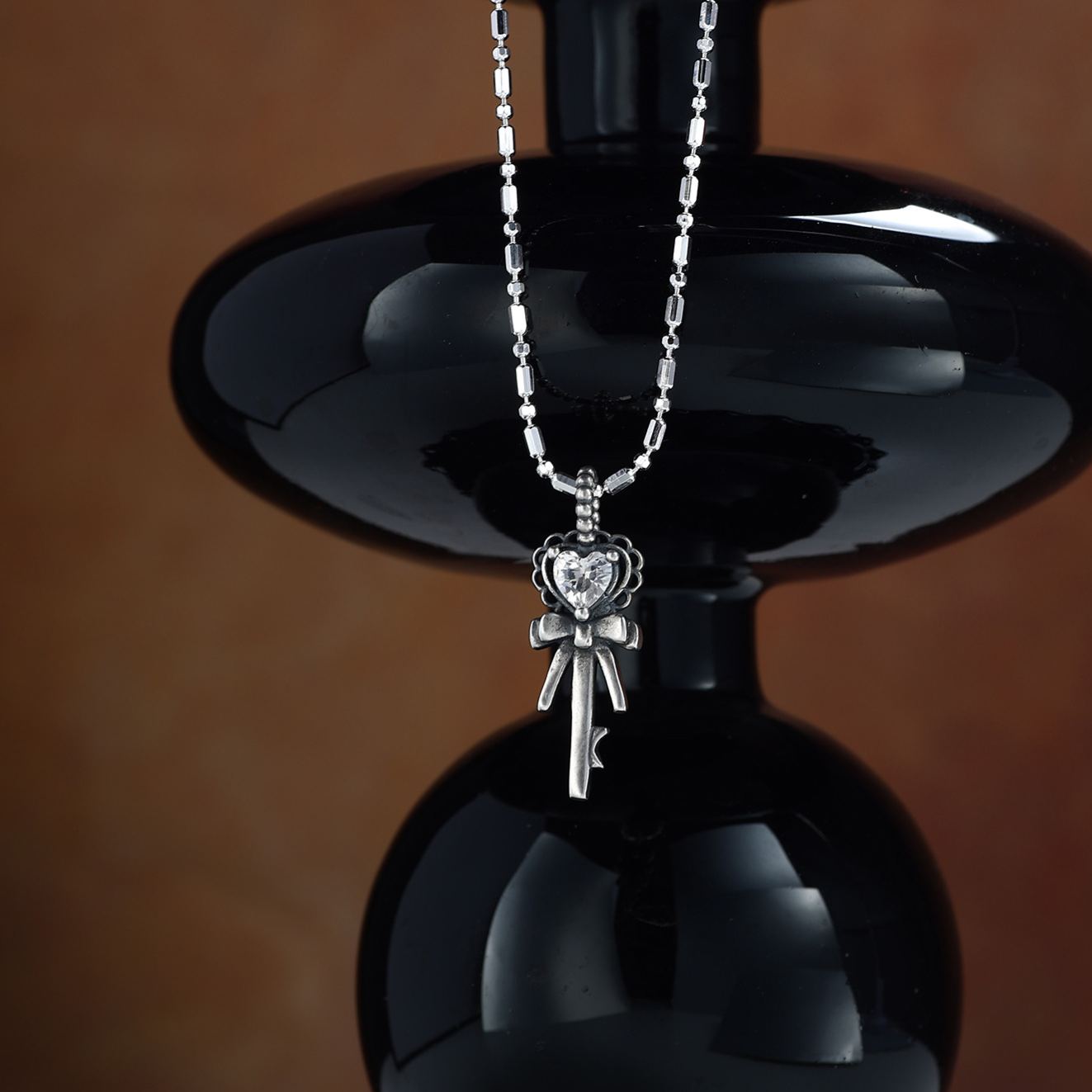 S925 Sterling Silver Halloween Bow & Heart Key Necklace