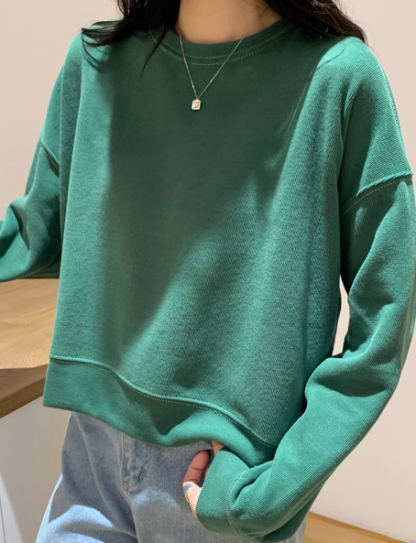 春、秋、冬の女性用ショート長袖スウェットシャツ、ゆったりとした韓国風、小さなラウンドネックトップ