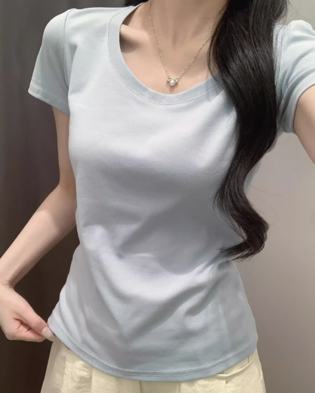 女性用ストレートショルダーTシャツ、Uネック、ベーシックな夏向けアメリカンスタイルホットトップ