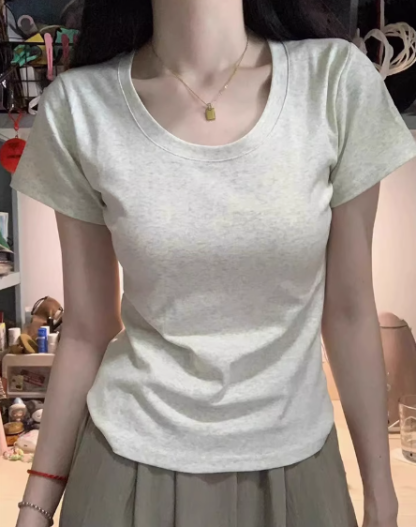 女性用ストレートショルダーTシャツ、Uネック、ベーシックな夏向けアメリカンスタイルホットトップ