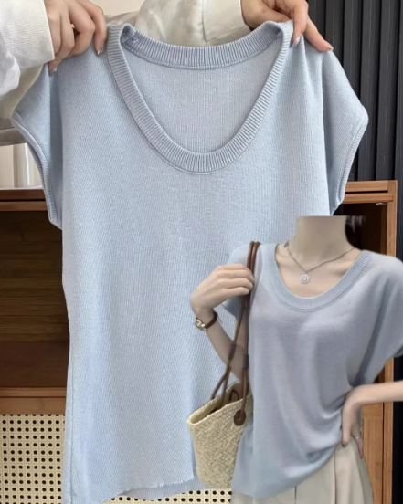 レディース夏ニットセーター、小さめのフライングスリーブ、ゆったりとしたカジュアルな半袖ルーズボトムTシャツ