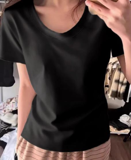 女性用ストレートショルダーTシャツ、Uネック、ベーシックな夏向けアメリカンスタイルホットトップ