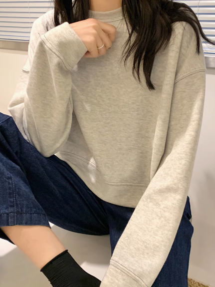 春、秋、冬の女性用ショート長袖スウェットシャツ、ゆったりとした韓国風、小さなラウンドネックトップ