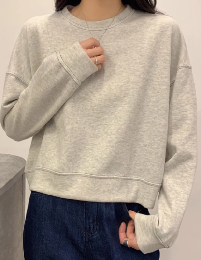 春、秋、冬の女性用ショート長袖スウェットシャツ、ゆったりとした韓国風、小さなラウンドネックトップ