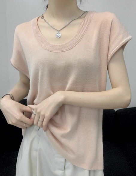 レディース夏ニットセーター、小さめのフライングスリーブ、ゆったりとしたカジュアルな半袖ルーズボトムTシャツ