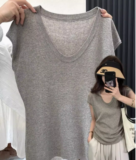 レディース夏ニットセーター、小さめのフライングスリーブ、ゆったりとしたカジュアルな半袖ルーズボトムTシャツ