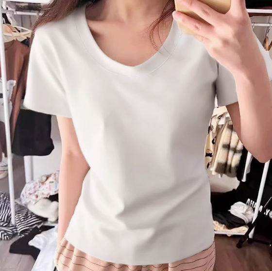 女性用ストレートショルダーTシャツ、Uネック、ベーシックな夏向けアメリカンスタイルホットトップ