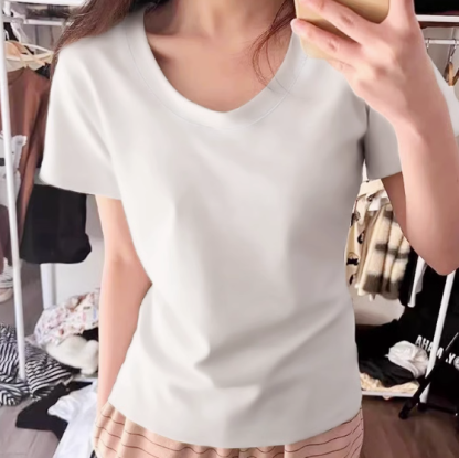女性用ストレートショルダーTシャツ、Uネック、ベーシックな夏向けアメリカンスタイルホットトップ