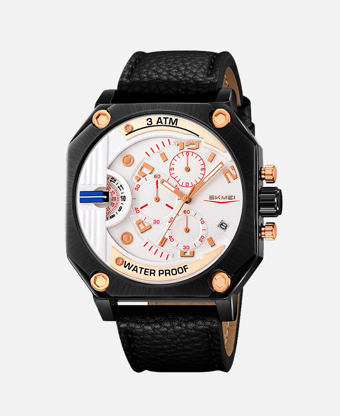 Men's leather dual time zone watch