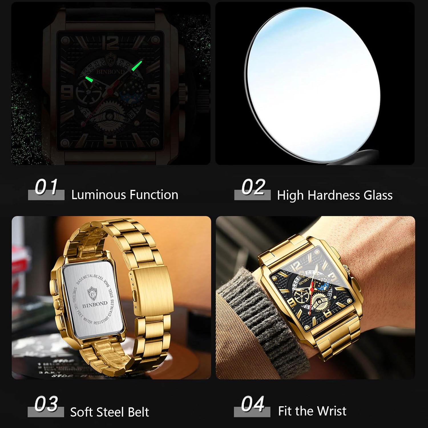 Men's Retro Popular Square Calendar Waterproof Glow Watch