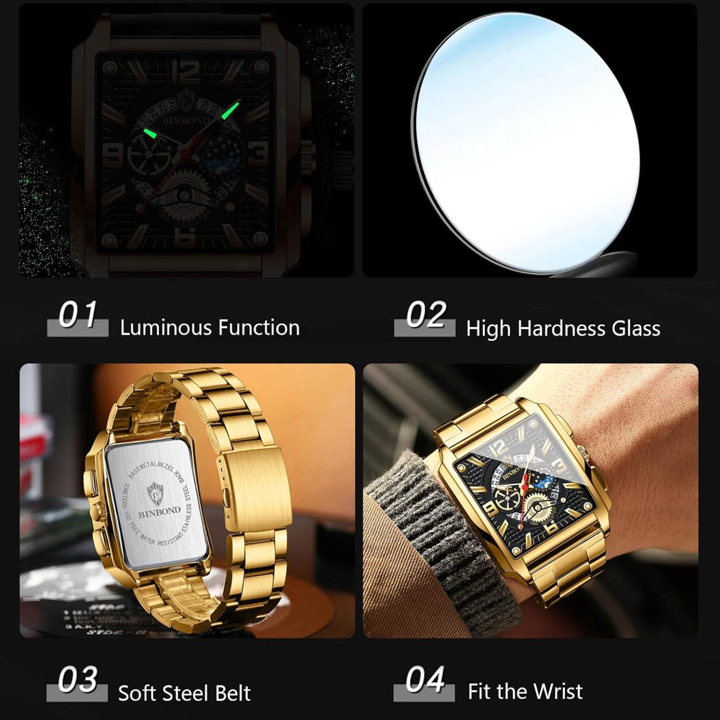 Men's Retro Popular Square Calendar Waterproof Glow Watch