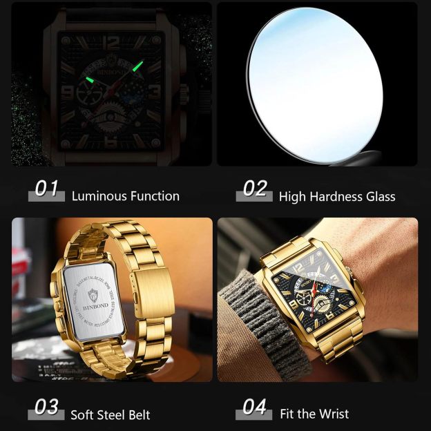 Men's Retro Popular Square Calendar Waterproof Glow Watch