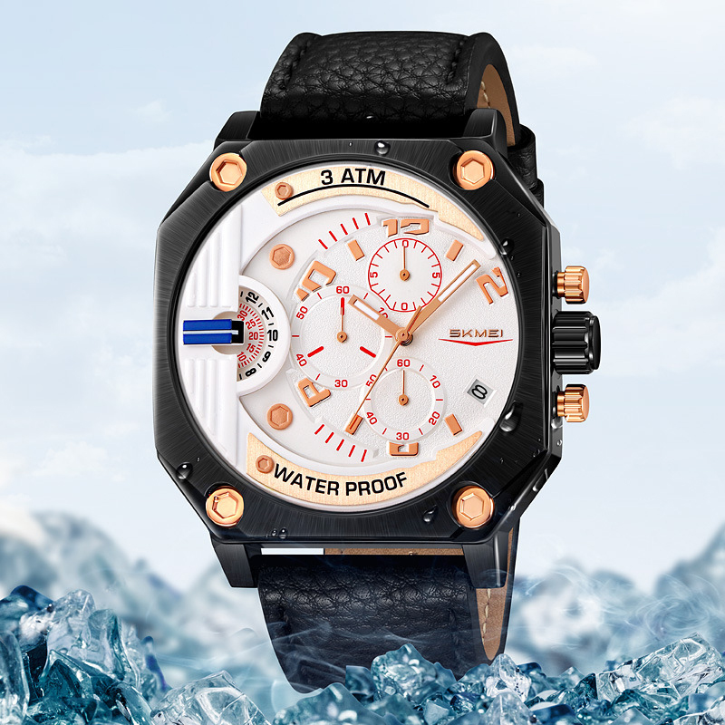 Men's leather dual time zone watch