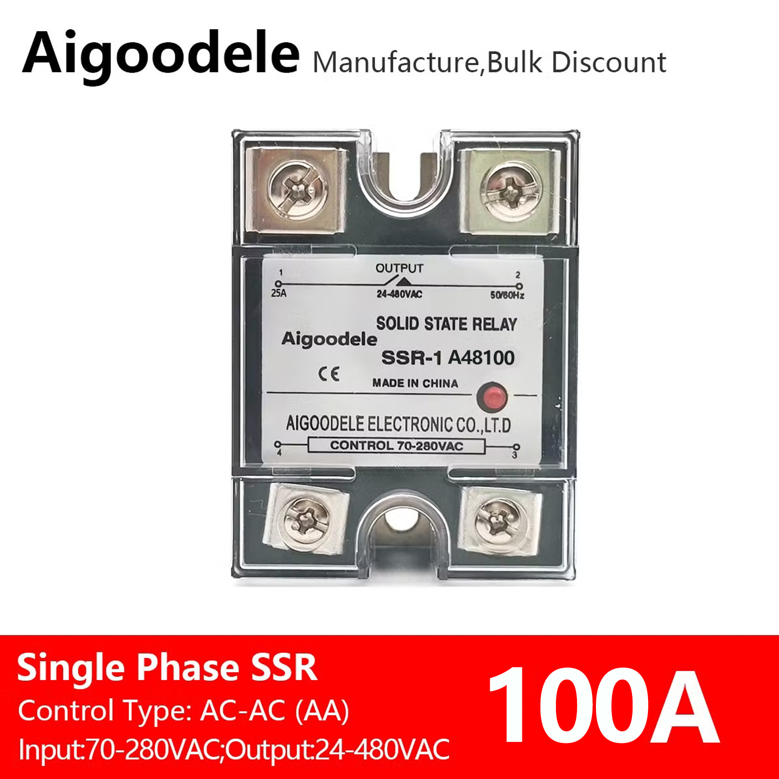 SSR AC Single Phase JGX Solid State Relay 100A Resistor Module SSR-1A48100