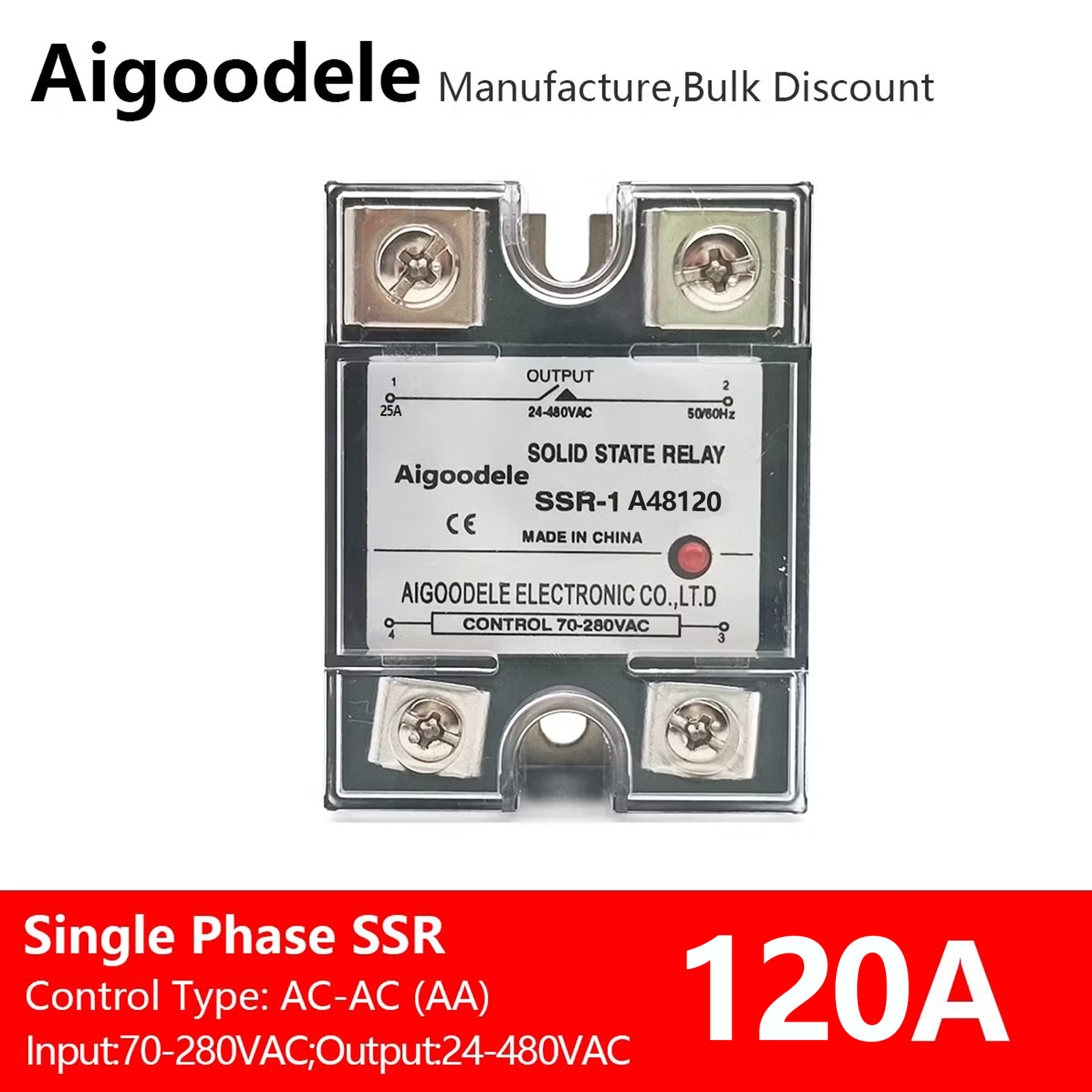 AA SSR Jgx-1 A48120 70-280VAC Input 24-480VAC 0utput AC to AC Single Phase Solid State Relay 120A