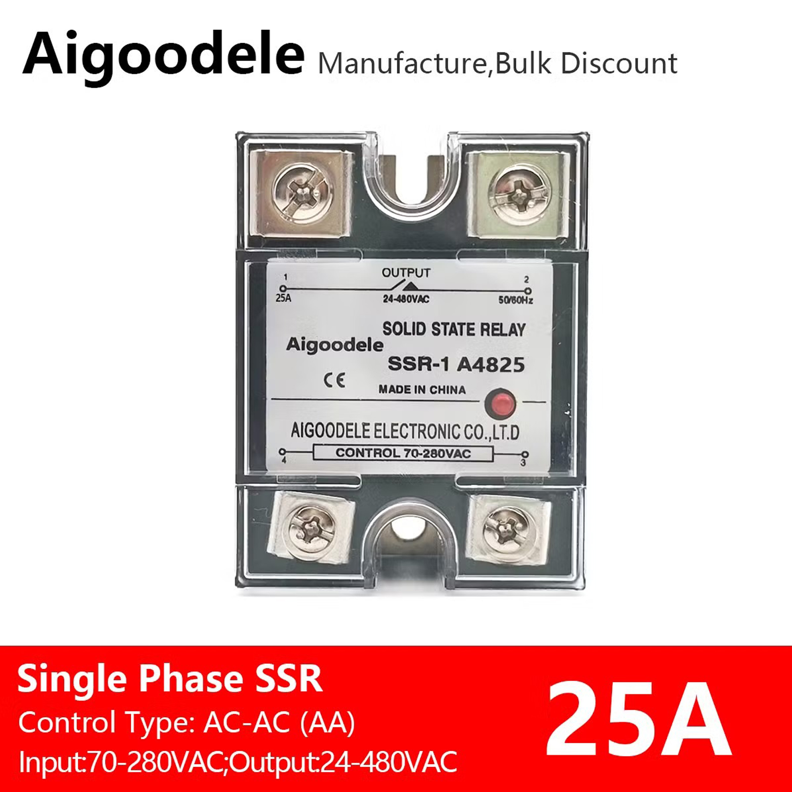 AC Control AC Single Phase Solid State Relay JGX-1 A4825 SSR 25A Electric Heating Relay Module