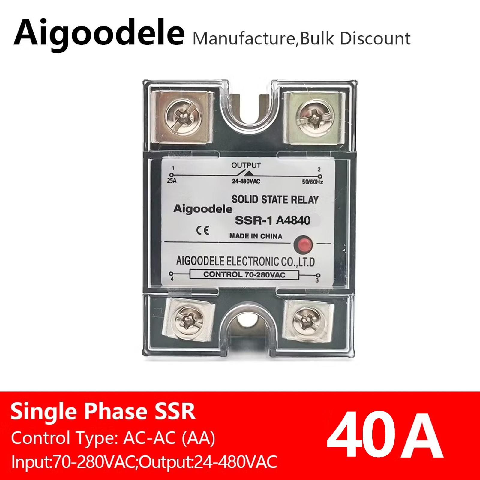 SSR AC Control AC Input 70-280VAC Output 24-480VAC JGX-1 A4840 Single Phase Solid State Relay 40A