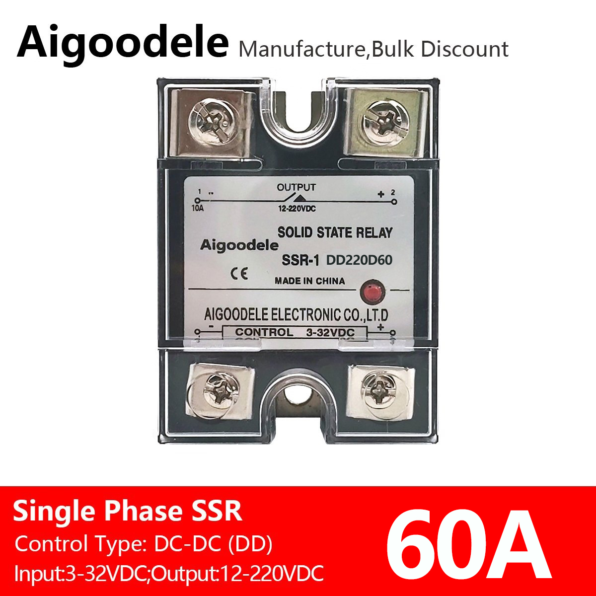 60A Solid State DC-DC Relay DD220D60 DC Input 3-32VDC DC Output 12-220VDC