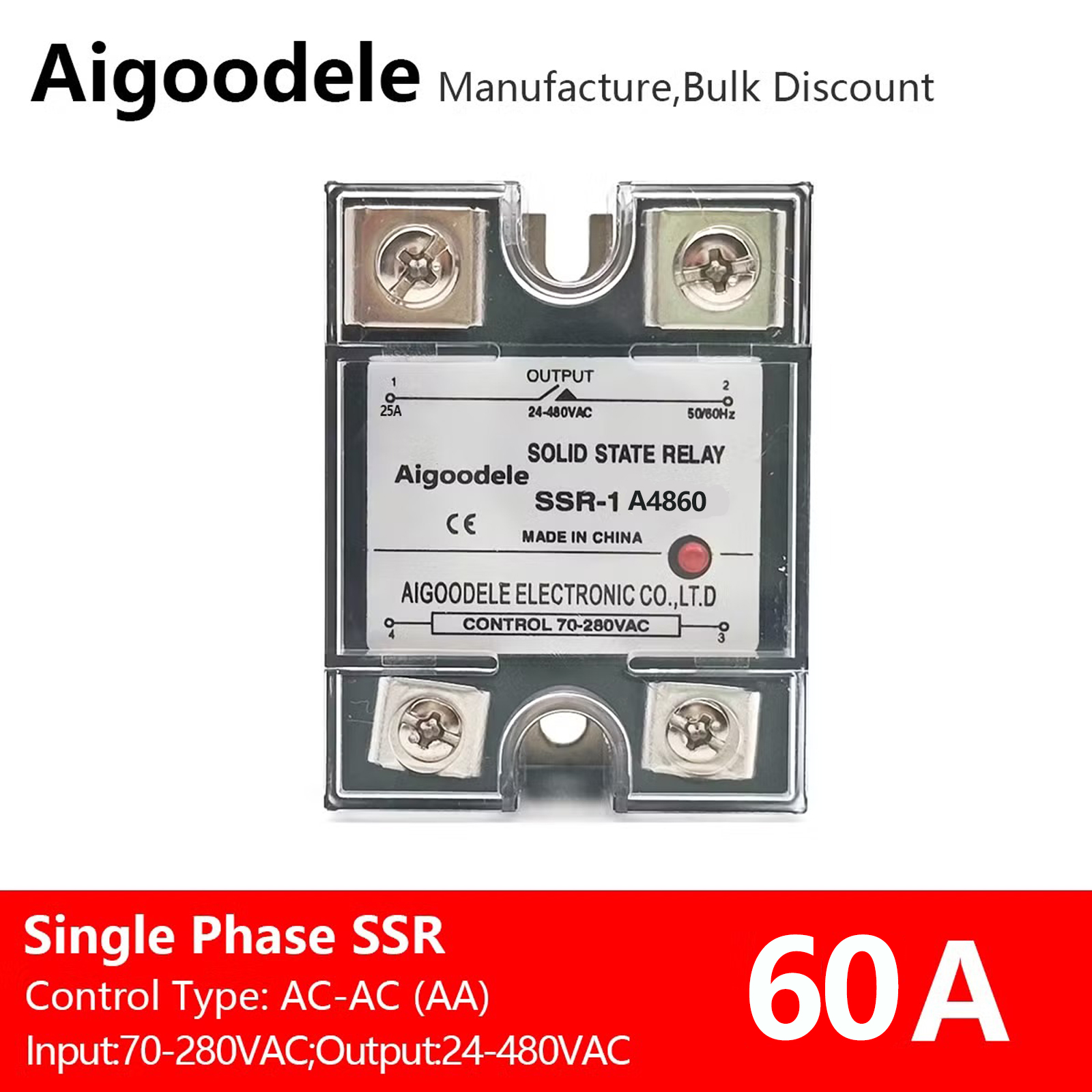 Single Phase Solid State Relay SSR-60AA AC Control AC Solid State Relay Input 70-280 volts AC Output 24-480 volts AC