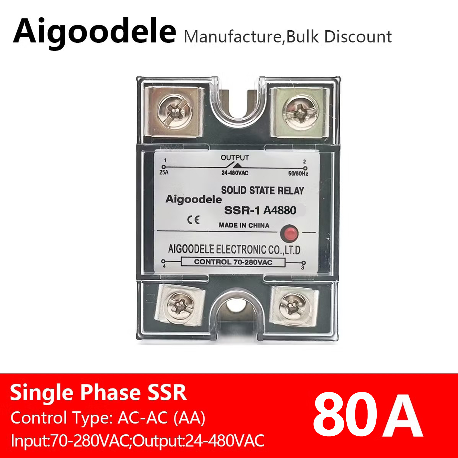 80A Single-Phase Solid State Relay AC Control AC SSR-1 A4880 Heating Specialized Single-Phase Module