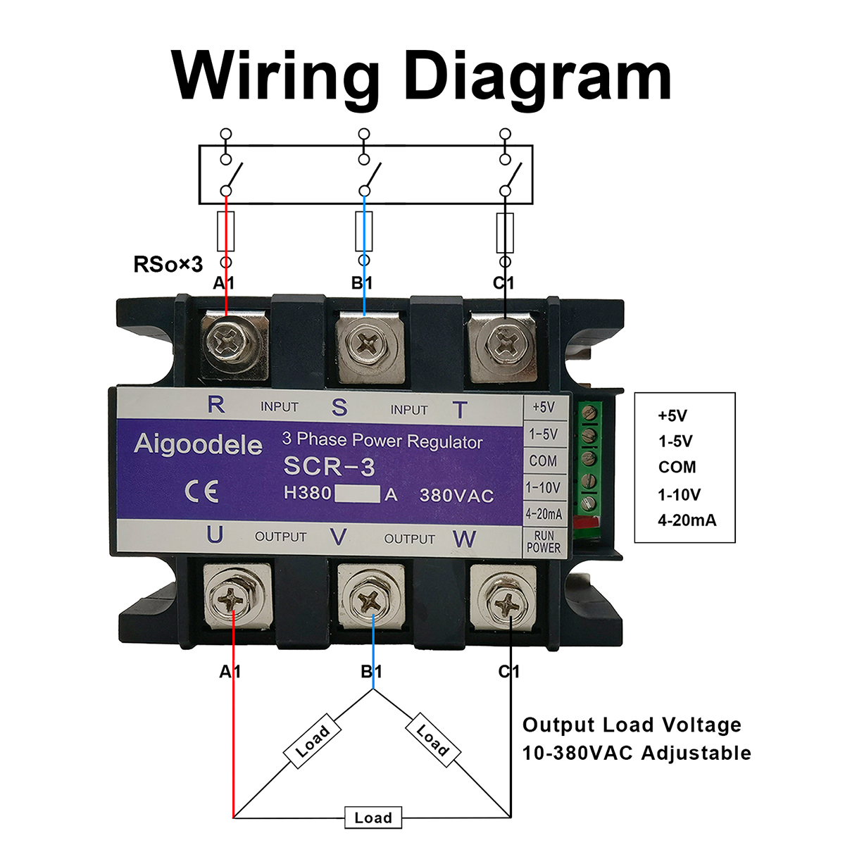 SCR-3 380V Three-Phase SCR Voltage Regulator Module Wiring Diagram - Control Terminal and Load Connection