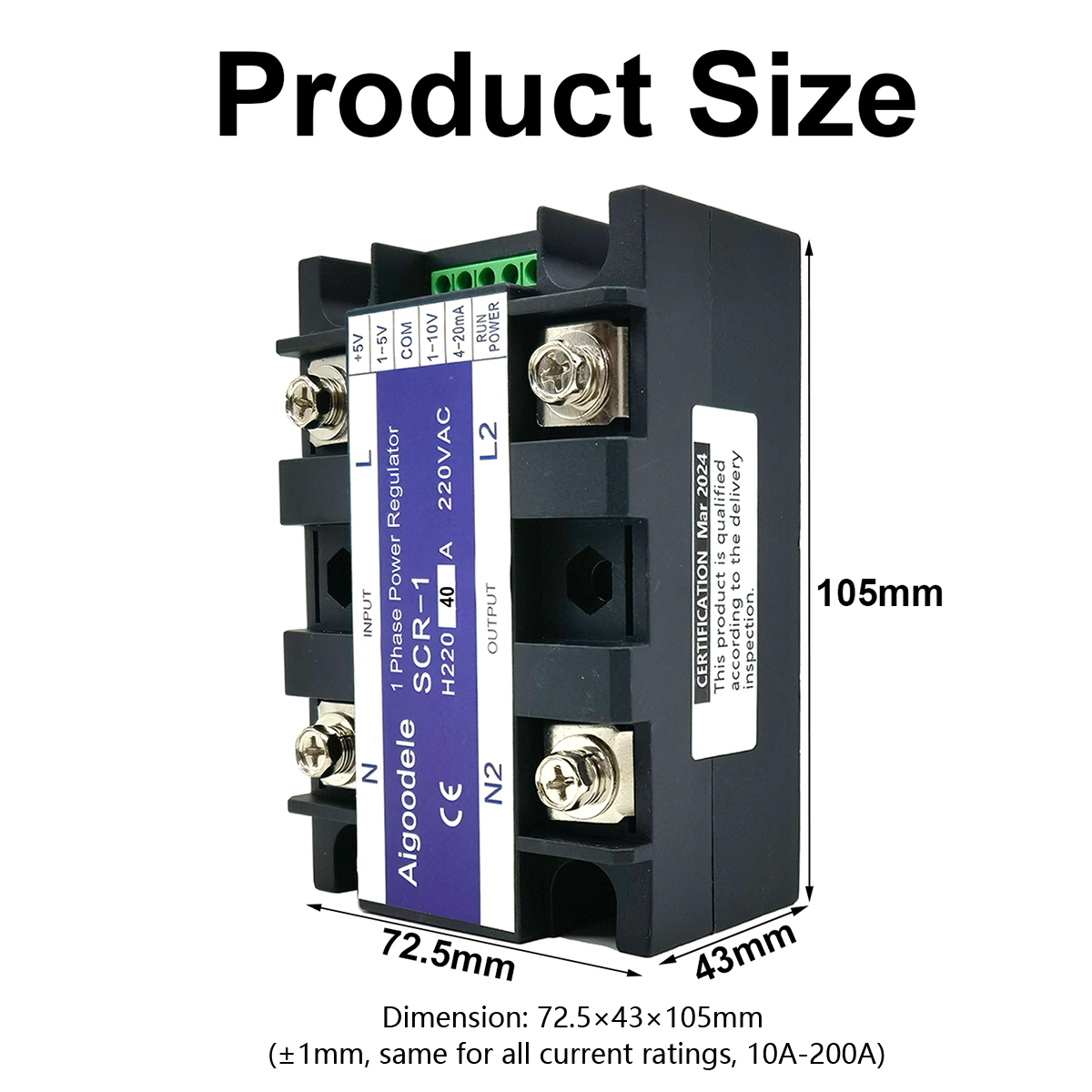 SCR-1 Series Single-Phase Thyristor Power Regulator Dimensions (10A-200A)