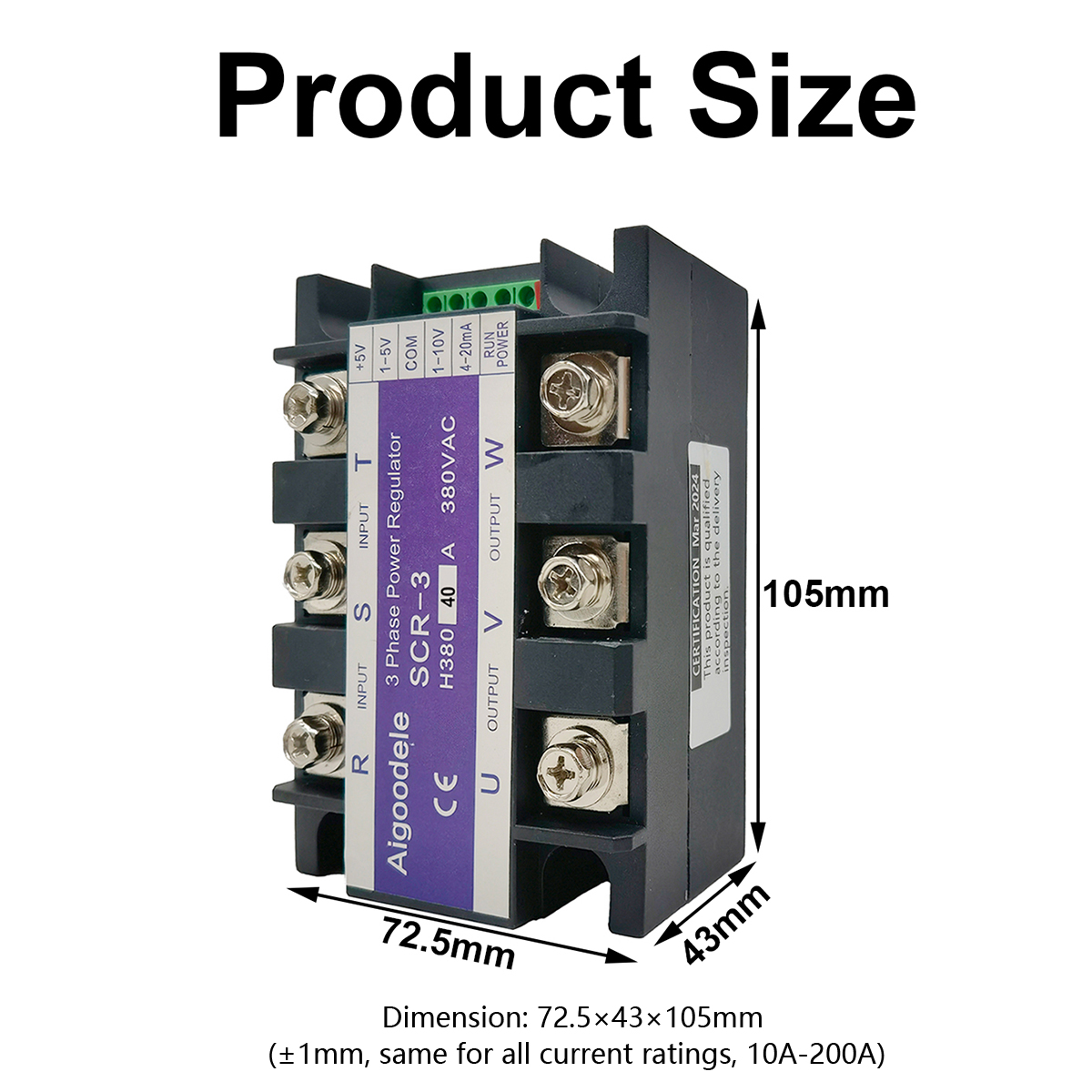 SCR-3 Series Three-Phase SCR Voltage Regulator Module Dimensions (10A-200A)